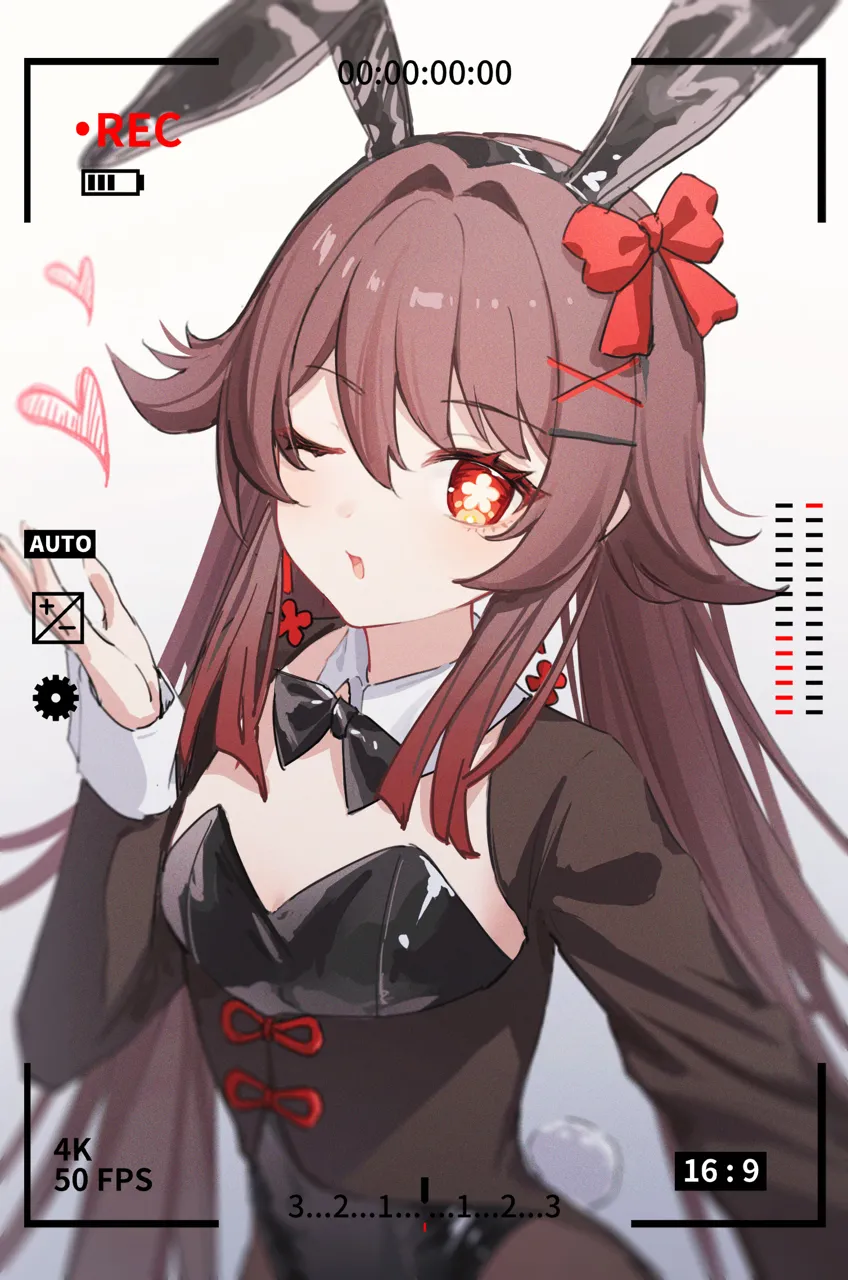 1girl animal_ears black_leotard breasts bright_pupils brown_hair brown_pantyhose detached_collar fake_animal_ears fake_tail flower_shaped_pupils leotard long_hair long_sleeves one_eye_closed pantyhose playboy_bunny rabbit_ears rabbit_tail red_eyes small_breasts solo strapless strapless_leotard symbol_shaped_pupils tail viewfinder white_pupils wrist_cuffs yukiri__l_ii genshin_impact hu_tao__genshin_impact