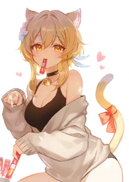 1girl alternate_costume animal_ears bare_shoulders bell black_choker black_tank_top blonde_hair blush breasts cat_ears cat_tail choker ciao_churu cleavage coat feather_hair_ornament feathers flower hair_between_eyes hair_flower hair_ornament hand_up heart kemonomimi_mode long_sleeves looking_at_viewer medium_breasts mouth_hold neck_bell open_clothes open_coat open_mouth paw_pose pet_food puffy_long_sleeves puffy_sleeves short_hair short_hair_with_long_locks sidelocks simple_background solo tail tank_top upper_body white_background white_coat white_flower yellow_eyes adelie_cat genshin_impact lumine__genshin_impact