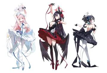 3girls armpits arms_up ballet_dress ballet_slippers bare_back bare_shoulders black_dress black_gloves black_hair black_shoes black_thighhighs black_wings blue_bow blue_choker blue_shoes blush bow braid braided_bun breasts butterfly_hair_ornament capelet choker cleavage closed_eyes closed_mouth dress feathered_wings flower from_behind gloves hair_behind_ear hair_between_eyes hair_bun hair_flower hair_ornament hair_scrunchie hairband hairclip lolita_hairband long_hair looking_at_viewer multiple_girls pantyhose purple_flower red_flower red_shoes scrunchie shoes sidelocks sleeveless sleeveless_dress smile thighhighs twintails white_capelet white_dress white_flower white_hairband white_pantyhose white_scrunchie wings yellow_eyes memdic__srs00108 blue_archive ichika__blue_archive kisaki__blue_archive mika__blue_archive