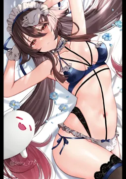 1girl alternate_costume arms_up bare_arms bare_shoulders black_thighhighs blue_bow blue_bra blue_flower blue_panties blue_ribbon boo_tao__genshin_impact bow bra breasts breasts_apart brown_hair choker cleavage collarbone colored_tips cowboy_shot dutch_angle flower flower_shaped_pupils frilled_choker frilled_gloves frilled_hairband frills from_above genshin_impact ghost gloves gradient_hair hair_between_eyes hair_spread_out hairband hand_on_own_head highleg highleg_panties hu_tao__genshin_impact lace_trim lace_trimmed_legwear lingerie long_hair looking_at_viewer lowleg lowleg_panties lying maid maid_headdress medium_breasts multicolored_hair navel on_back panties petals pillarboxed red_eyes red_hair ribbon seiru__prairie side_tie_panties sidelocks solo stomach string_panties symbol_shaped_pupils thighhighs thighs twintails twitter_username underwear very_long_hair white_choker white_gloves white_hairband