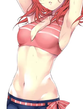 1girl armpits arms_up breasts cleavage collarbone cowboy_shot hario_4 head_out_of_frame lips love_live love_live__school_idol_project medium_breasts medium_hair midriff navel nishikino_maki parted_lips red_hair simple_background solo sweat white_background
