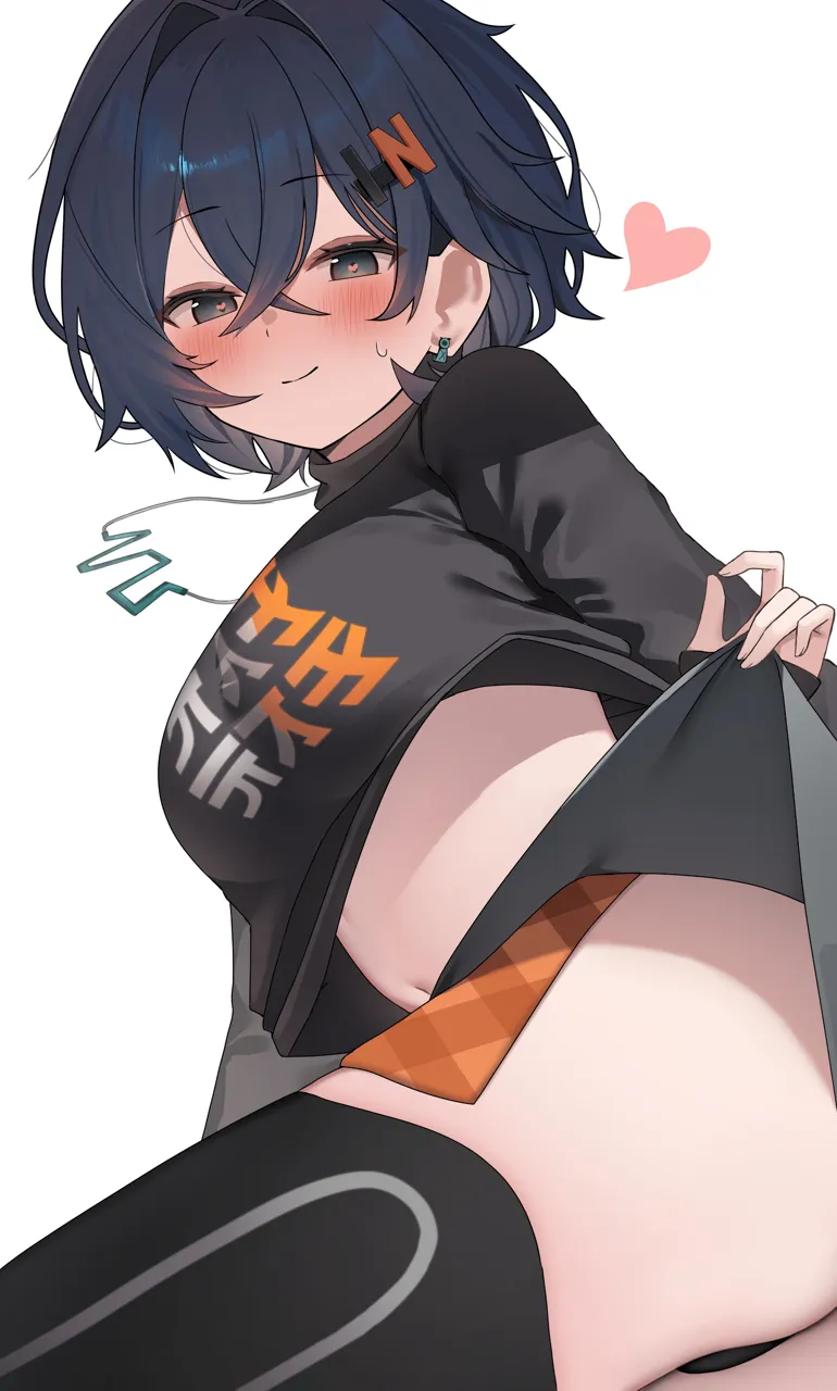 1girl black_eyes black_shirt black_thighhighs blue_hair breasts crop_top crossed_bangs hair_between_eyes heart heart_shaped_pupils long_sleeves looking_at_viewer medium_breasts navel shirt short_hair simple_background smile solo symbol_shaped_pupils thighhighs thighs white_background koba__kobako42 zenless_zone_zero belle__zenless_zone_zero