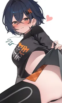 1girl black_eyes black_shirt black_thighhighs blue_hair breasts crop_top crossed_bangs hair_between_eyes heart heart_shaped_pupils long_sleeves looking_at_viewer medium_breasts navel shirt short_hair simple_background smile solo symbol_shaped_pupils thighhighs thighs white_background koba__kobako42 zenless_zone_zero belle__zenless_zone_zero