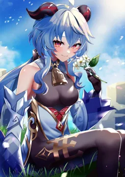 1girl ahoge bare_shoulders bell black_gloves black_pantyhose blue_hair breasts detached_sleeves flower gloves gold_trim holding holding_flower horns jewelry long_hair looking_at_viewer medium_breasts neck_bell outdoors pantyhose purple_eyes qingxin_flower sidelocks sitting smile solo thighlet white_flower white_sleeves om_rm1101 genshin_impact ganyu__genshin_impact
