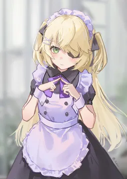 1girl alternate_costume apron black_dress black_ribbon blonde_hair blurry blurry_background bow bowtie cuff_links dress enmaided eyepatch garden green_eyes greenhouse hair_ornament hairclip index_fingers_together long_hair maid maid_apron maid_headdress puffy_short_sleeves puffy_sleeves purple_bow purple_bowtie ribbon short_sleeves shy solo two_side_up white_apron yukiri__l_ii genshin_impact fischl__genshin_impact