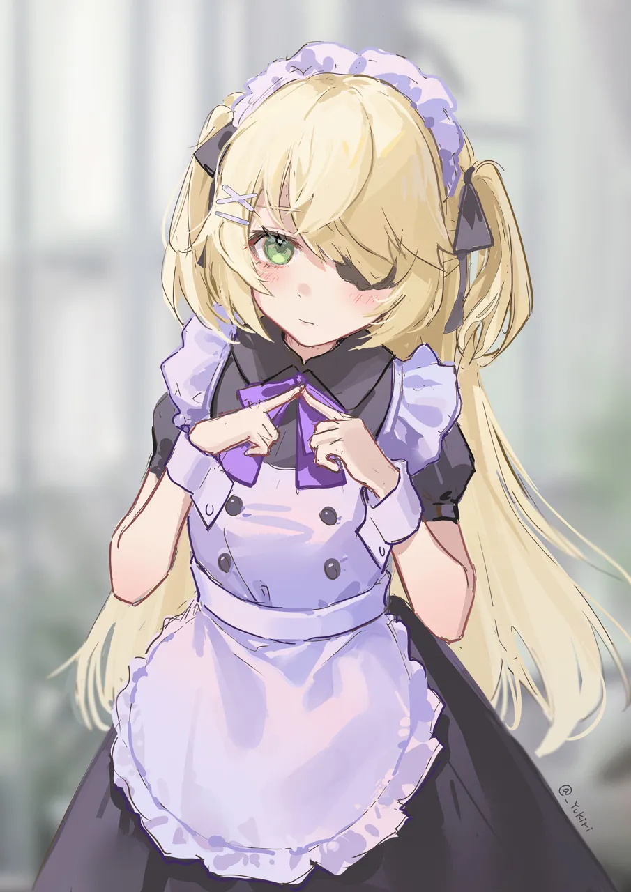 1girl alternate_costume apron black_dress black_ribbon blonde_hair blurry blurry_background bow bowtie cuff_links dress enmaided eyepatch garden green_eyes greenhouse hair_ornament hairclip index_fingers_together long_hair maid maid_apron maid_headdress puffy_short_sleeves puffy_sleeves purple_bow purple_bowtie ribbon short_sleeves shy solo two_side_up white_apron yukiri__l_ii genshin_impact fischl__genshin_impact