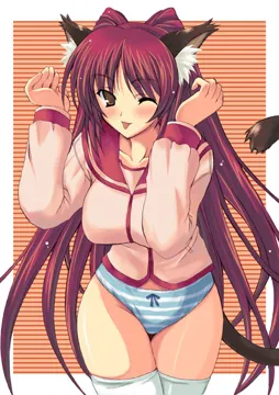 1girl 2000s__style animal_ear_fluff animal_ears aqua_panties blue_bow blush border bow bow_panties breasts brown_eyes cat_ears cat_girl cat_tail collarbone colored_stripes cowboy_shot groin hands_up kemonomimi_mode kousaka_tamaki kyogoku_shin large_breasts long_hair long_sleeves looking_at_viewer no_pants one_eye_closed orange_background outside_border panties parted_bangs pink_shirt red_hair red_sailor_collar sailor_collar school_uniform serafuku shirt sidelocks simple_background smile solo standing straight_hair striped_background striped_clothes striped_panties tail thigh_gap thighhighs thighs to_heart__series to_heart_2 tongue tongue_out two_side_up underwear very_long_hair w_arms white_border white_panties white_thighhighs