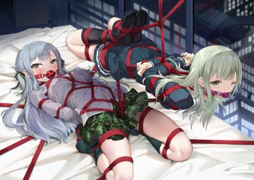 2girls arms_behind_back ball_gag bdsm black_footwear black_pantyhose black_serafuku black_socks blazer blush bondage bound bound_arms bound_legs crotch_rope frogtie gag gagged green_hair green_skirt grey_hair grey_jacket haneoka_school_uniform indoors jacket kneehighs legs_folded long_hair long_sleeves looking_at_viewer multiple_girls on_bed one_eye_closed pantyhose plaid_clothes plaid_skirt pleated_skirt red_rope restrained rope school_uniform serafuku shibari skirt socks suspension tsukinomori_school_uniform wiffle_gag window yellow_eyes 463_jun bang_dream bang_dream__it_s_mygo togawa_sakiko wakaba_mutsumi