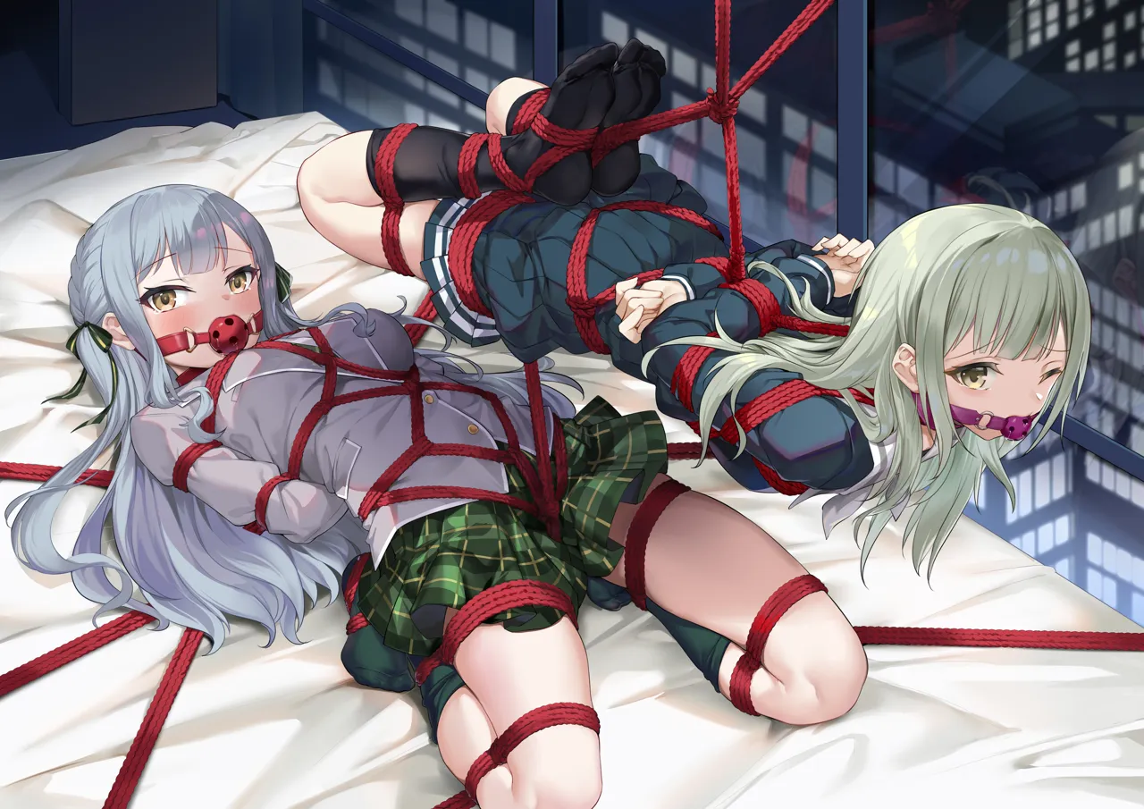 2girls arms_behind_back ball_gag bdsm black_footwear black_pantyhose black_serafuku black_socks blazer blush bondage bound bound_arms bound_legs crotch_rope frogtie gag gagged green_hair green_skirt grey_hair grey_jacket haneoka_school_uniform indoors jacket kneehighs legs_folded long_hair long_sleeves looking_at_viewer multiple_girls on_bed one_eye_closed pantyhose plaid_clothes plaid_skirt pleated_skirt red_rope restrained rope school_uniform serafuku shibari skirt socks suspension tsukinomori_school_uniform wiffle_gag window yellow_eyes 463_jun bang_dream bang_dream__it_s_mygo togawa_sakiko wakaba_mutsumi