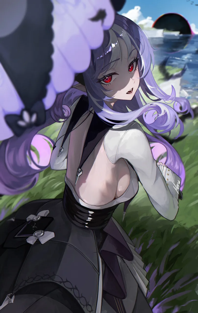 1girl backless_outfit breasts grass holding holding_umbrella hollow__zenless_zone_zero long_hair looking_back mole mole_under_eye multicolored_hair open_mouth outdoors pointy_ears purple_hair red_eyes sideboob skirt solo streaked_hair umbrella white_hair m3ru zenless_zone_zero vivian__zenless_zone_zero