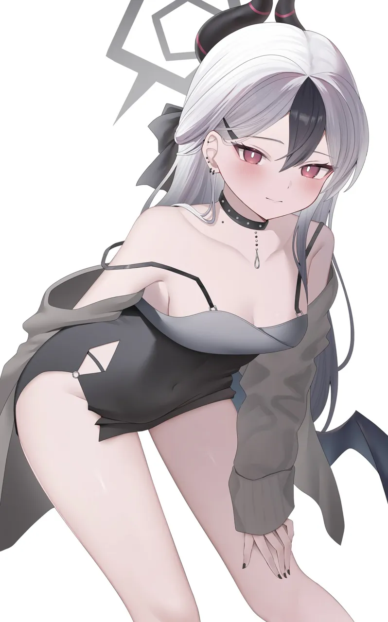 1girl black_choker black_dress black_hair black_horns breasts choker cleavage demon_horns dress feet_out_of_frame gradient_hair grey_hair grey_halo grey_jacket halo horns jacket long_hair long_sleeves medium_breasts multicolored_hair official_alternate_costume open_clothes open_jacket red_eyes simple_background solo white_background white_hair koba__kobako42 blue_archive kayoko__blue_archive kayoko__dress__blue_archive