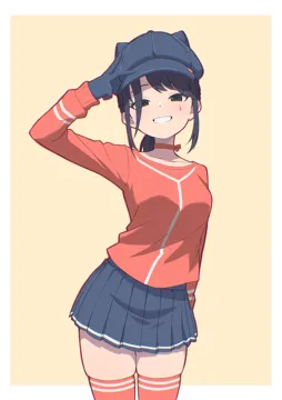 1girl animal_ear_headwear arm_up black_eyes black_hair blue_gloves blue_skirt border breasts gloves grin hat long_sleeves looking_at_viewer medium_breasts miniskirt outside_border pleated_skirt ponytail red_thighhighs simple_background skirt smile solo tattoo teardrop_tattoo teeth thighhighs white_border zettai_ryouiki ogossi miside cool_mita__miside mita__miside