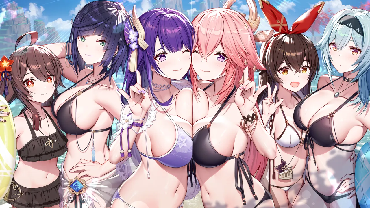 6_girls akusema amber__genshin_impact bikini black_bikini black_hairband blue_hair bracelet breast_press breasts brown_hair choker cleavage closed_mouth diagonal_bangs eula__genshin_impact fox_shadow_puppet genshin_impact green_eyes hair_ornament hairband hand_on_own_hip hand_up hu_tao__genshin_impact jewelry large_breasts long_hair looking_at_viewer mole mole_on_breast multiple_girls navel necklace one_eye_closed open_mouth outdoors pink_hair purple_bikini purple_eyes purple_hair raiden_shogun red_eyes red_hairband short_hair smile swimsuit symmetrical_docking vision__genshin_impact white_bikini yae_miko yelan__genshin_impact