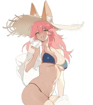 1girl animal_ear_fluff animal_ears bikini blue_bikini breasts ears_through_headwear fate__series fate_grand_order fox_ears fox_girl hat kurumi__recycllamo light_blush light_smile looking_at_viewer looking_to_the_side navel pink_hair solo straw_hat sun_hat swimsuit tamamo__fate tamamo_no_mae__swimsuit_lancer__fate towel white_background yellow_eyes