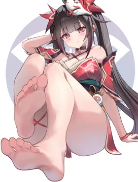 1girl bare_legs bare_shoulders barefoot bell black_hair breasts choker detached_sleeves dress feet foot_focus foreshortening fox_mask full_body honkai__series honkai__star_rail legs long_hair looking_at_viewer mask mask_on_head pink_eyes presenting_foot red_dress sash smile soles solo sparkle__honkai__star_rail toes twintails very_long_hair yuye