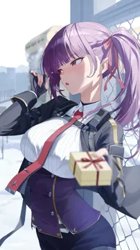 1girl black_gloves black_jacket black_skirt blurry blurry_foreground blush box braid breasts building collared_shirt fingerless_gloves fingernails gift gift_box gloves hair_ribbon holding holding_gift jacket large_breasts long_hair long_sleeves looking_to_the_side necktie open_mouth outdoors pink_ribbon red_eyes red_necktie ribbon shirt side_ponytail skirt solo underbust white_shirt nasol girls__frontline girls__frontline_2__exilium makiatto__girls__frontline_2 wa2000__girls__frontline