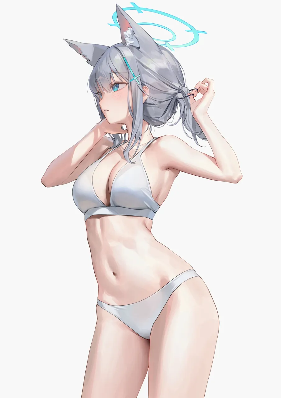 1girl alternate_costume animal_ears bare_arms bare_shoulders bikini blue_archive blue_eyes blue_halo breasts cowboy_shot cross_hair_ornament extra_ears grey_hair hair_ornament halo large_breasts long_hair navel shiroko__blue_archive sideboob simple_background solo stomach swimsuit white_background white_bikini wolf_ears xi_xeong