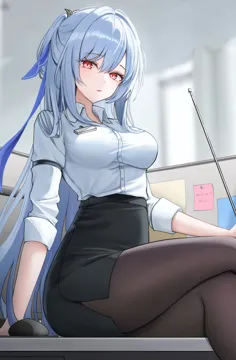 1girl alternate_costume arm_strap black_pantyhose black_skirt blue_bow blue_hair bow breasts collared_shirt computer_mouse contemporary crossed_legs cubicle desk hair_between_eyes hair_bow hair_intakes high_waist_skirt hini_ni holding holding_stick honkai__series honkai__star_rail id_card jingliu__honkai__star_rail large_breasts looking_at_viewer office office_lady on_desk pantyhose parted_lips pencil_skirt red_eyes shirt sitting skirt sleeves_rolled_up solo stick sticky_note white_shirt