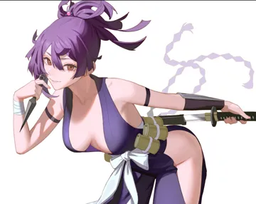 1girl arm_guards bandaged_wrist bandages bare_shoulders breasts breasts_apart brown_eyes drid glint hair_between_eyes hip_vent holding holding_knife holding_weapon japanese_clothes jigokuraku kimono knife kunai leaning_forward looking_at_viewer medium_breasts ninja ninjatou obi parted_lips purple_hair purple_kimono reverse_grip sash sheath short_sword simple_background smile solo sword topknot unsheathing weapon white_background white_sash yuzuriha__jigokuraku