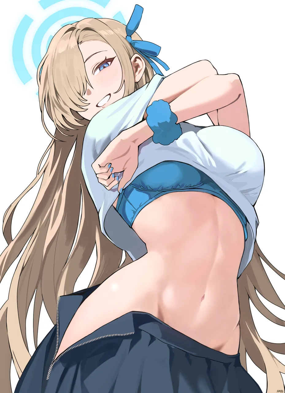 1girl asuna__blue_archive black_skirt blonde_hair blue_archive blue_bra blue_eyes blue_halo blue_nails blue_ribbon blue_scrunchie blush bra breasts fingernails from_below hair_over_one_eye hair_ribbon halo haze__ohw8g large_breasts long_hair looking_at_viewer nail_polish navel ribbon scrunchie shirt simple_background skirt smile solo stomach underwear undressing very_long_hair white_background white_shirt wrist_scrunchie zipper_skirt