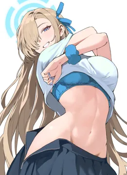 1girl asuna__blue_archive black_skirt blonde_hair blue_archive blue_bra blue_eyes blue_halo blue_nails blue_ribbon blue_scrunchie blush bra breasts fingernails from_below hair_over_one_eye hair_ribbon halo haze__ohw8g large_breasts long_hair looking_at_viewer nail_polish navel ribbon scrunchie shirt simple_background skirt smile solo stomach underwear undressing very_long_hair white_background white_shirt wrist_scrunchie zipper_skirt