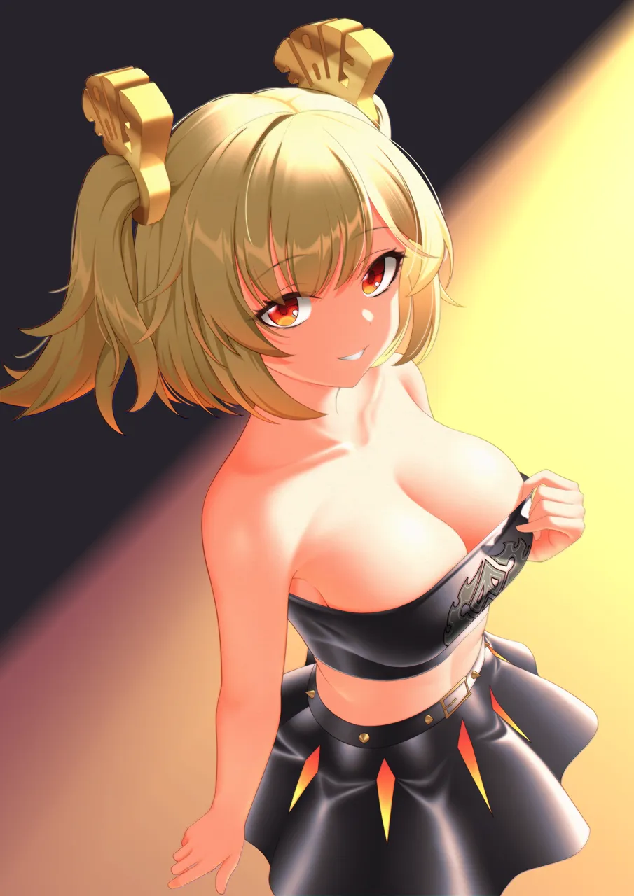 1girl bare_arms bare_shoulders black_skirt blonde_hair breasts cleavage collarbone cowboy_shot grin large_breasts looking_at_viewer midriff orange_eyes short_hair skirt smile solo standing strapless tube_top sasaki3rd zenless_zone_zero burnice_white__zenless_zone_zero