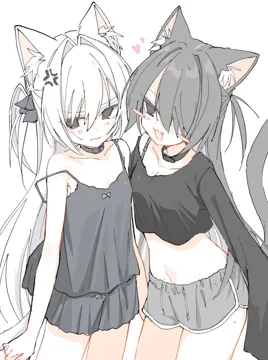 2girls anger_vein animal_ear_fluff animal_ears bangs bare_shoulders black_shirt blue_eyes breasts camisole cat_ears cat_girl cat_tail choker collarbone heart long_hair multiple_girls navel one_side_up shirt shorts simple_background small_breasts smile strap_slip tail very_long_hair white_background