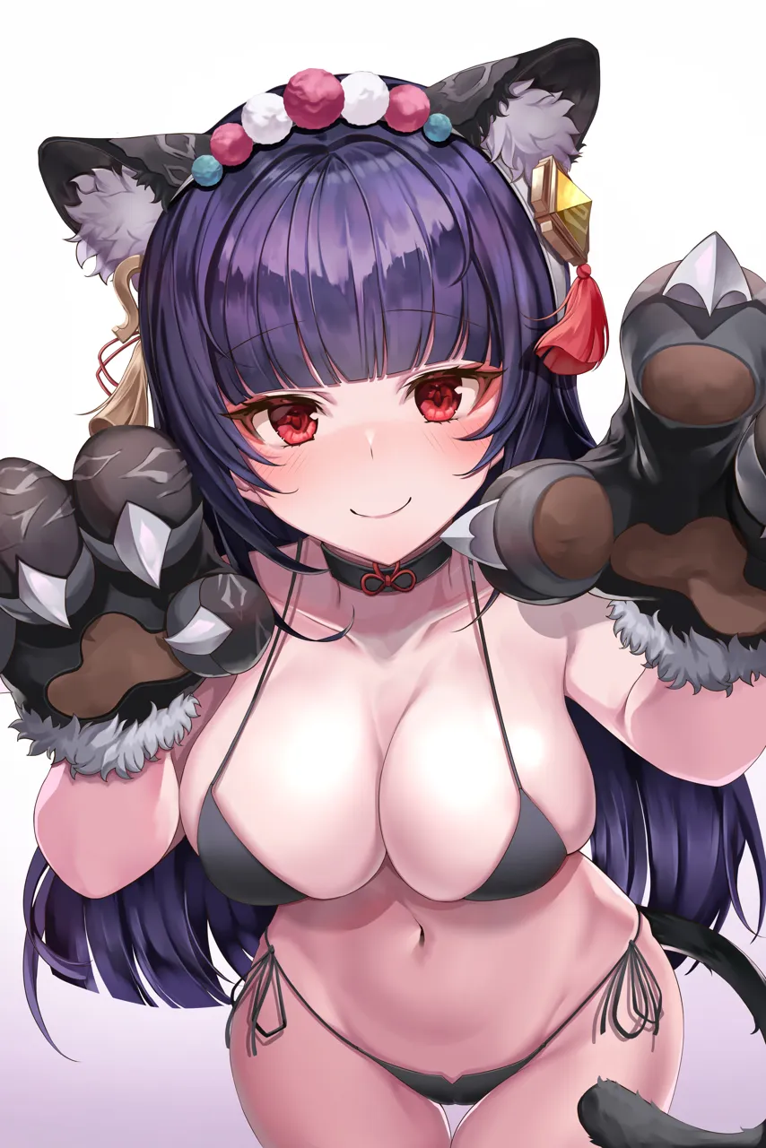 1girl animal_ears animal_hands bikini black_bikini blunt_bangs blush breasts cat_ears choker cleavage collarbone cowboy_shot genshin_impact hime_cut kemonomimi_mode large_breasts long_hair looking_at_viewer navel new_year pengrani purple_hair red_eyes side_tie_bikini_bottom swimsuit tail thighs tiger_ears tiger_paws tiger_tail vision__genshin_impact yun_jin__genshin_impact