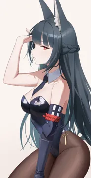 1girl alternate_costume animal_ears ass black_hair black_leotard blunt_bangs breasts cleavage cowboy_shot detached_sleeves expressionless fox_ears fox_girl from_side grey_background large_breasts leotard long_hair looking_at_viewer pantyhose red_eyes sidelocks simple_background solo thighs nasol zenless_zone_zero hoshimi_miyabi__zenless_zone_zero