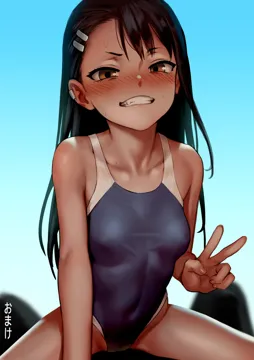 1girl black_hair blue_one_piece_swimsuit blush breasts brown_eyes collarbone covered_navel dark_skinned_female dark_skin fang girl_on_top hair_ornament hairclip lips long_hair looking_at_viewer one_piece_swimsuit school_swimsuit small_breasts solo sweat swimsuit teeth as109 ijiranaide_nagatoro_san nagatoro_hayase