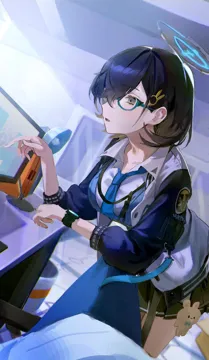 1girl bent_over black_hair black_skirt blue_framed_eyewear blue_eyes blue_necktie blue_vest blush from_side glasses hair_behind_ear hair_ornament hairclip halo jacket leaning_forward letterman_jacket monitor necktie open_mouth pleated_skirt shirt skirt solo vest watch white_shirt wristwatch flatshi blue_archive chihiro__blue_archive