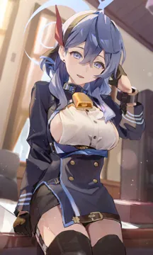 1girl bell black_gloves black_thighhighs blue_eyes blue_hair blue_halo bookshelf breasts chair collar desk earrings gloves hair_between_eyes hairband halo indoors jewelry large_breasts long_hair looking_at_viewer neck_bell office_chair open_mouth sideboob sideless_shirt single_earring solo swivel_chair thighhighs window flatshi blue_archive ako__blue_archive