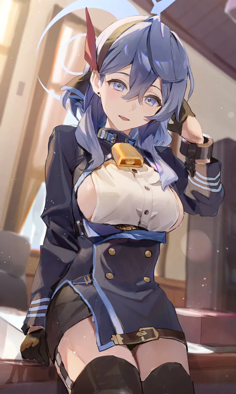 1girl bell black_gloves black_thighhighs blue_eyes blue_hair blue_halo bookshelf breasts chair collar desk earrings gloves hair_between_eyes hairband halo indoors jewelry large_breasts long_hair looking_at_viewer neck_bell office_chair open_mouth sideboob sideless_shirt single_earring solo swivel_chair thighhighs window flatshi blue_archive ako__blue_archive