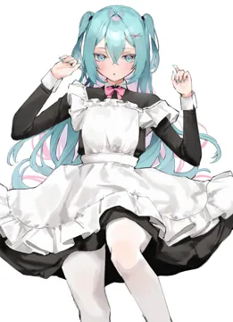 1girl alternate_costume alternate_hairstyle apron aqua_eyes aqua_hair aqua_nails black_dress bow bowtie collared_dress colored_eyelashes colored_inner_hair crossed_bangs dress enmaided expressionless facing_viewer feet_out_of_frame frilled_apron frills hair_between_eyes hair_ornament hands_up long_hair long_sleeves looking_to_the_side maid multicolored_hair nail_polish pantyhose parted_lips pink_bow pink_bowtie pink_hair sidelocks simple_background sitting solo two_tone_hair two_side_up white_apron white_background white_pantyhose x_hair_ornament nakony hatsune_miku