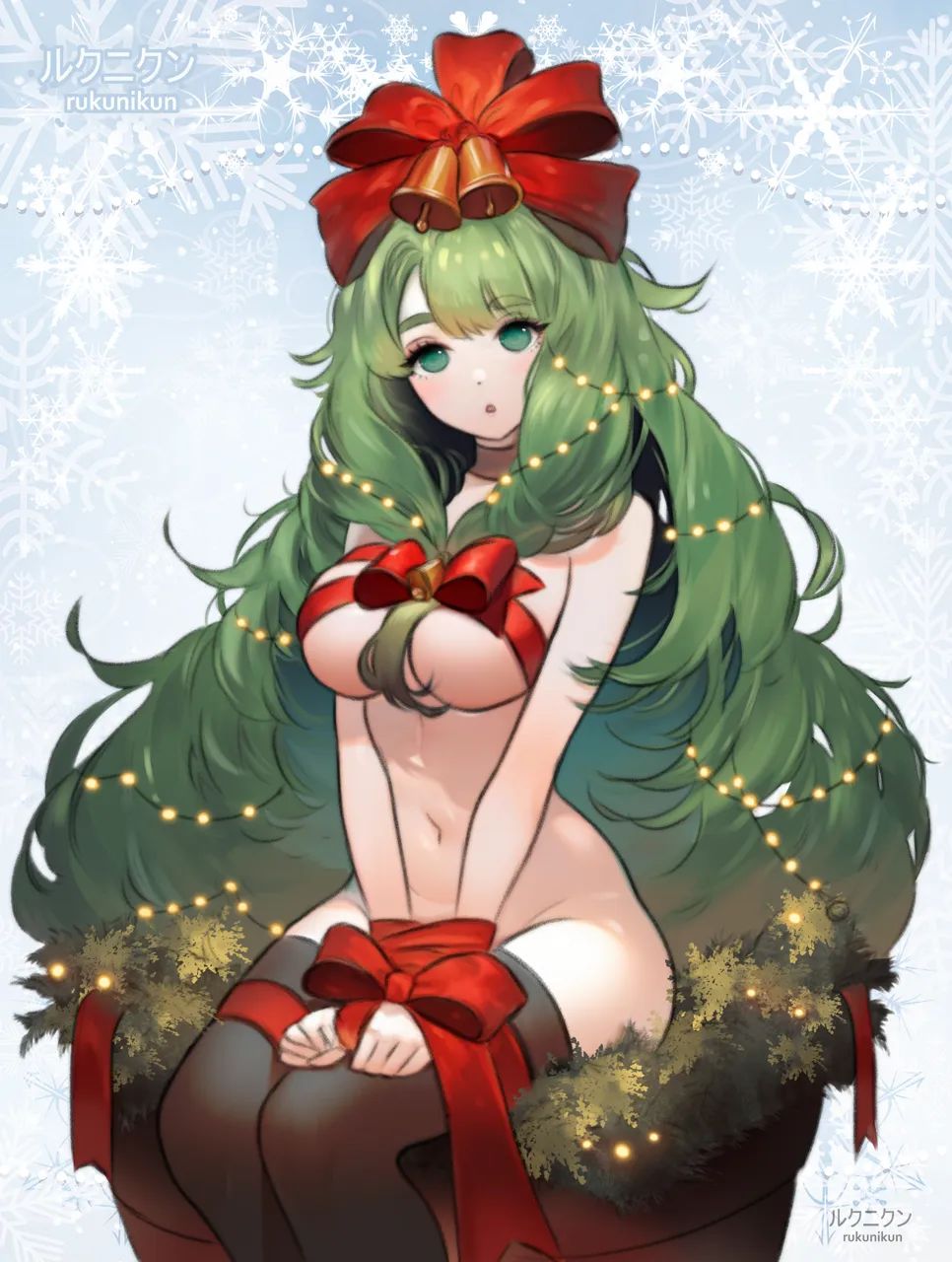 1girl bell black_thighhighs blurry bound bound_wrists breasts christmas christmas_lights dot_nose flower_pot green_eyes green_hair hair_bell hair_ornament hair_ribbon hands_on_own_knee hypnosis leaf long_hair low_tied_sidelocks medium_breasts messy_hair mind_control nude open_mouth red_ribbon restrained ribbon signature sitting snowflake_background solo swept_bangs thighhighs very_long_hair rukunikun touhou kagiyama_hina