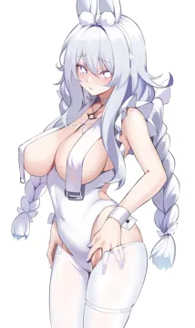1girl aged_up alternate_breast_size animal_ears azur_lane bare_shoulders blush braid breast_curtains breasts covered_navel crotchless crotchless_pantyhose fake_animal_ears large_breasts le_malin__azur_lane le_malin__listless_lapin__azur_lane leotard long_hair looking_at_viewer low_twin_braids official_alternate_costume pantyhose playboy_bunny rabbit_ears simple_background solo spider_apple thighs twin_braids white_background white_eyes white_hair white_leotard white_pantyhose wrist_cuffs