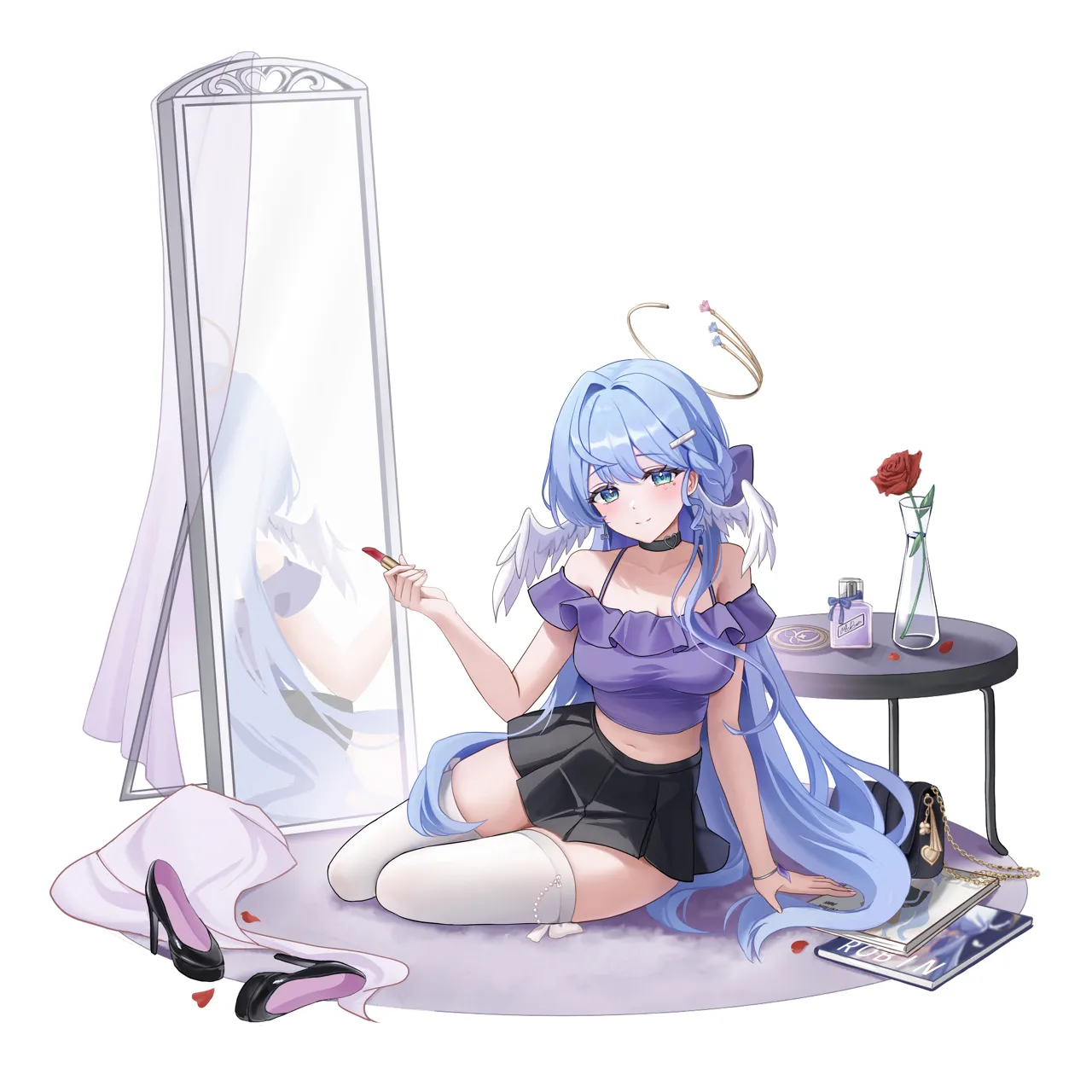 1girl alternate_costume aqua_eyes arm_support bag bare_shoulders black_bag black_shoes black_skirt blue_hair breasts casual cleavage closed_mouth collarbone cosmetics crop_top flower full_body hair_between_eyes halo handbag head_wings high_heels holding holding_lipstick_tube jewel_under_eye large_breasts light_blush lipstick_tube long_hair looking_at_viewer magazine__object midriff mirror navel off_shoulder_shirt off_shoulder pleated_skirt pumps purple_shirt red_flower reflection shirt shoes simple_background sitting skirt smile solo thighhighs unworn_shoes very_long_hair white_background white_thighhighs wings yokozuwari hini_ni honkai__star_rail honkai__series robin__honkai__star_rail