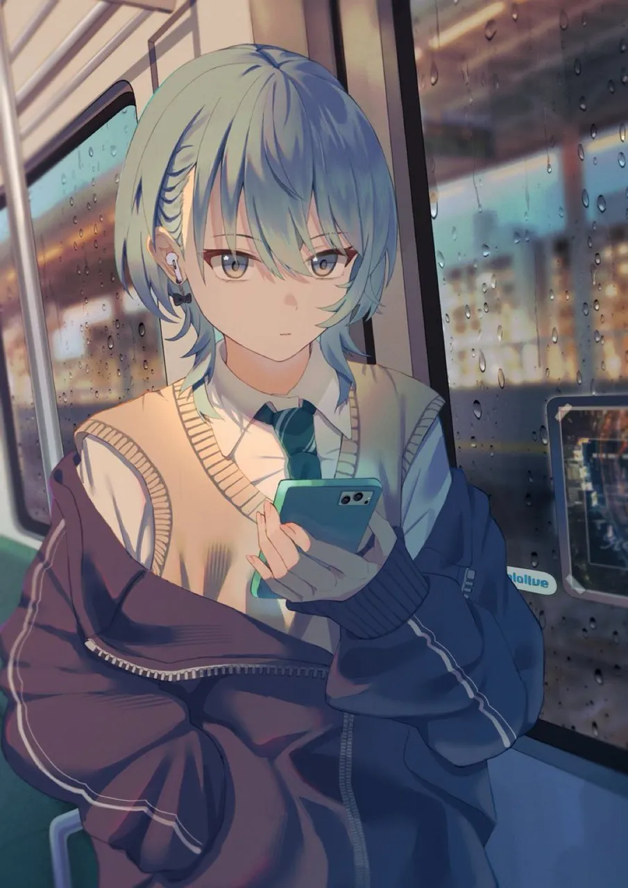 1girl alternate_costume alternate_hairstyle blue_eyes blue_hair blurry blurry_background breasts cellphone closed_mouth earbuds earphones earrings green_necktie hair_between_eyes hand_in_pocket holding holding_phone jacket jewelry light_frown looking_at_viewer loose_necktie necktie off_shoulder open_clothes open_jacket partially_unzipped phone school_uniform shirt short_hair small_breasts smartphone solo star__symbol star_in_eye sweater_vest symbol_in_eye train_interior virtual_youtuber water_drop white_shirt window yellow_sweater_vest maria_onnette hololive hoshimachi_suisei__hololive
