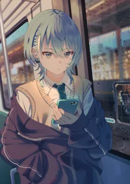 1girl alternate_costume alternate_hairstyle blue_eyes blue_hair blurry blurry_background breasts cellphone closed_mouth earbuds earphones earrings green_necktie hair_between_eyes hand_in_pocket holding holding_phone jacket jewelry light_frown looking_at_viewer loose_necktie necktie off_shoulder open_clothes open_jacket partially_unzipped phone school_uniform shirt short_hair small_breasts smartphone solo star__symbol star_in_eye sweater_vest symbol_in_eye train_interior virtual_youtuber water_drop white_shirt window yellow_sweater_vest maria_onnette hololive hoshimachi_suisei__hololive