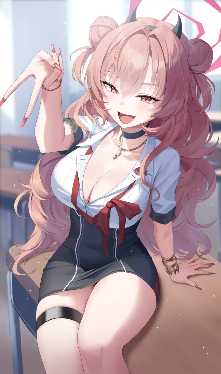 1girl arm_support bead_bracelet beads black_choker black_horns black_skirt blurry blurry_background bow bowtie bracelet breasts choker classroom cleavage collared_shirt crossed_bangs desk double_bun fake_horns feet_out_of_frame gyaru gyaru_v hair_between_eyes hair_bun halo high_waist_skirt horns indoors jewelry large_breasts light_blush long_hair looking_at_viewer loose_bowtie nail_polish necklace on_desk open_mouth pencil_skirt pink_eyes pink_hair pink_halo pink_nails red_bow red_bowtie ring school_desk shirt short_sleeves sitting skirt smile solo thigh_strap thighs very_long_fingernails very_long_hair white_shirt nasol blue_archive kirara__blue_archive