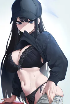 1girl baseball_cap black_bra black_hair black_panties black_sweater blue_archive blue_eyes bra breasts cleavage clothes_in_mouth clothes_lift clothes_pull earrings hat hoop_earrings jewelry kazane_wind large_breasts long_hair looking_at_viewer mouth_hold navel panties pants pants_pull pulling_own_clothes saori__blue_archive shirt_in_mouth shirt_lift solo stomach sweat sweater underwear very_long_hair