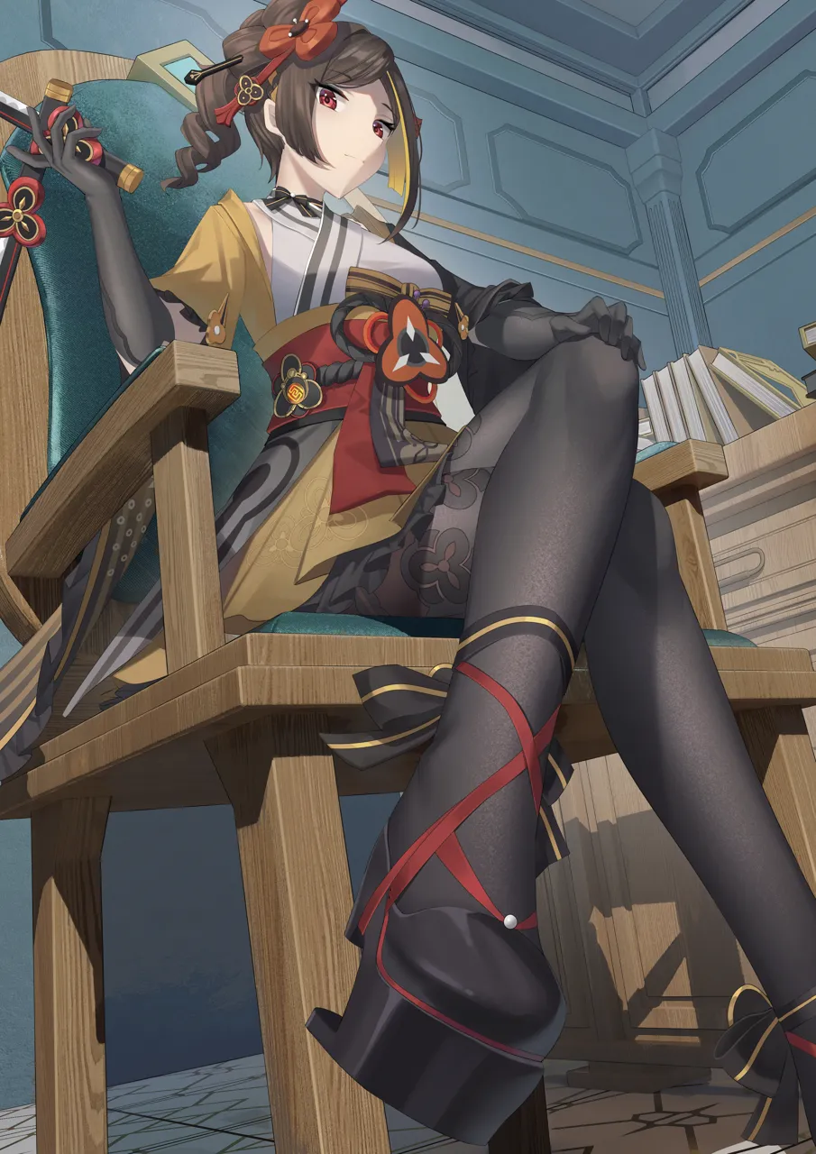 1girl black_gloves black_pantyhose black_ribbon black_shoes blonde_hair book brown_hair chair choker closed_mouth crossed_legs drill_hair gloves hair_ornament hairpin haori heel_less_heels high_heels holding holding_sword holding_weapon indoors japanese_clothes legs looking_at_viewer medium_hair multicolored_hair obi pantyhose red_eyes ribbon ribbon_choker sash shoes short_sleeves side_drill sitting solo sword two_tone_hair vision__genshin_impact weapon wide_sleeves angel_no_shousou genshin_impact chiori__genshin_impact