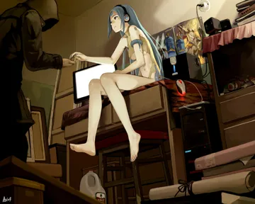 1boy 1girl barefoot blue_hair bottle breasts computer computer_mouse facial_mark feet forehead_mark headphones holding_hands hood legs long_hair long_legs medium_breasts midriff monitor nail_polish navel plantar_flexion poster__object sitting speaker stool toenail_polish toenails underboob yellow_eyes as109 devil_may_cry__series god_of_war kratos__god_of_war nero__devil_may_cry
