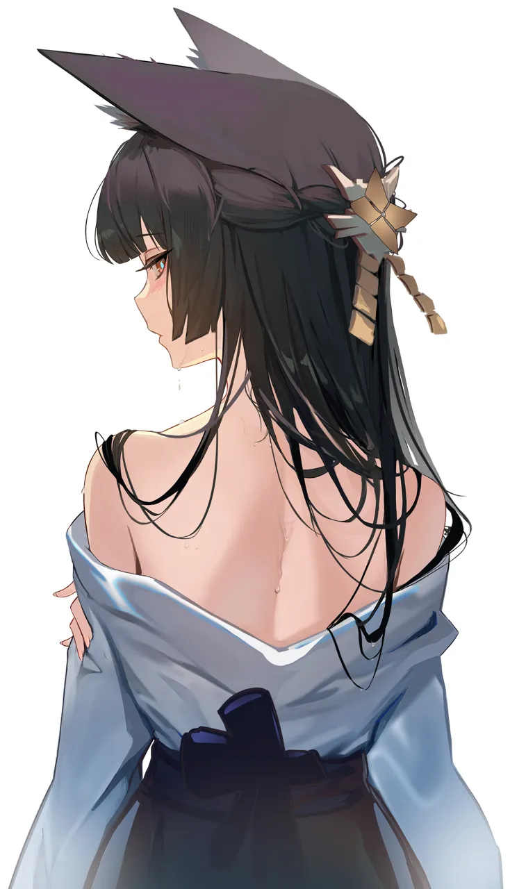 1girl alternate_costume animal_ears bare_shoulders black_hair blunt_bangs blush closed_mouth fingernails fox_ears fox_girl from_behind japanese_clothes kimono long_hair looking_at_viewer sidelocks simple_background solo sweatdrop upper_body white_background zero_pi zenless_zone_zero hoshimi_miyabi__zenless_zone_zero