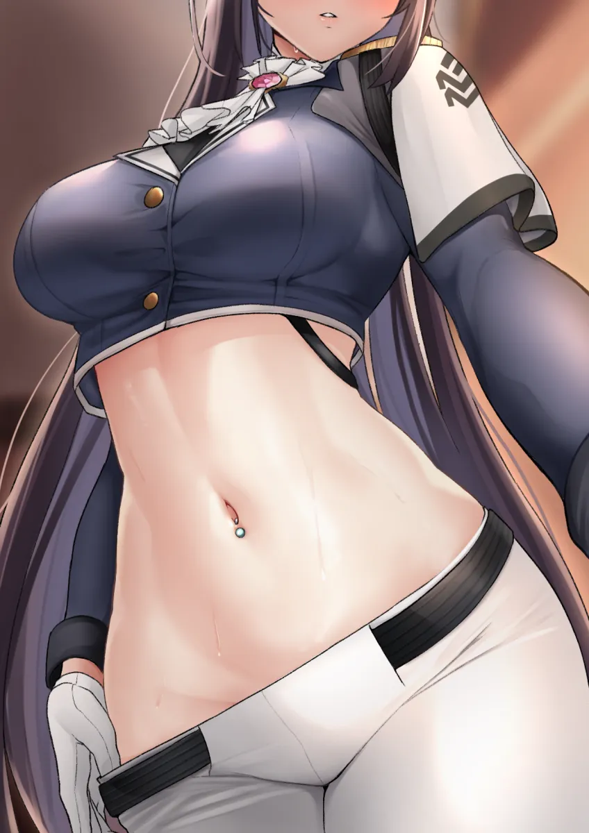 1girl ascot breasts brown_hair crop_top gloves goddess_of_victory__nikke head_out_of_frame joosi large_breasts long_hair marciana__nikke midriff navel navel_focus navel_piercing pants piercing solo stomach very_long_hair white_ascot white_gloves white_pants