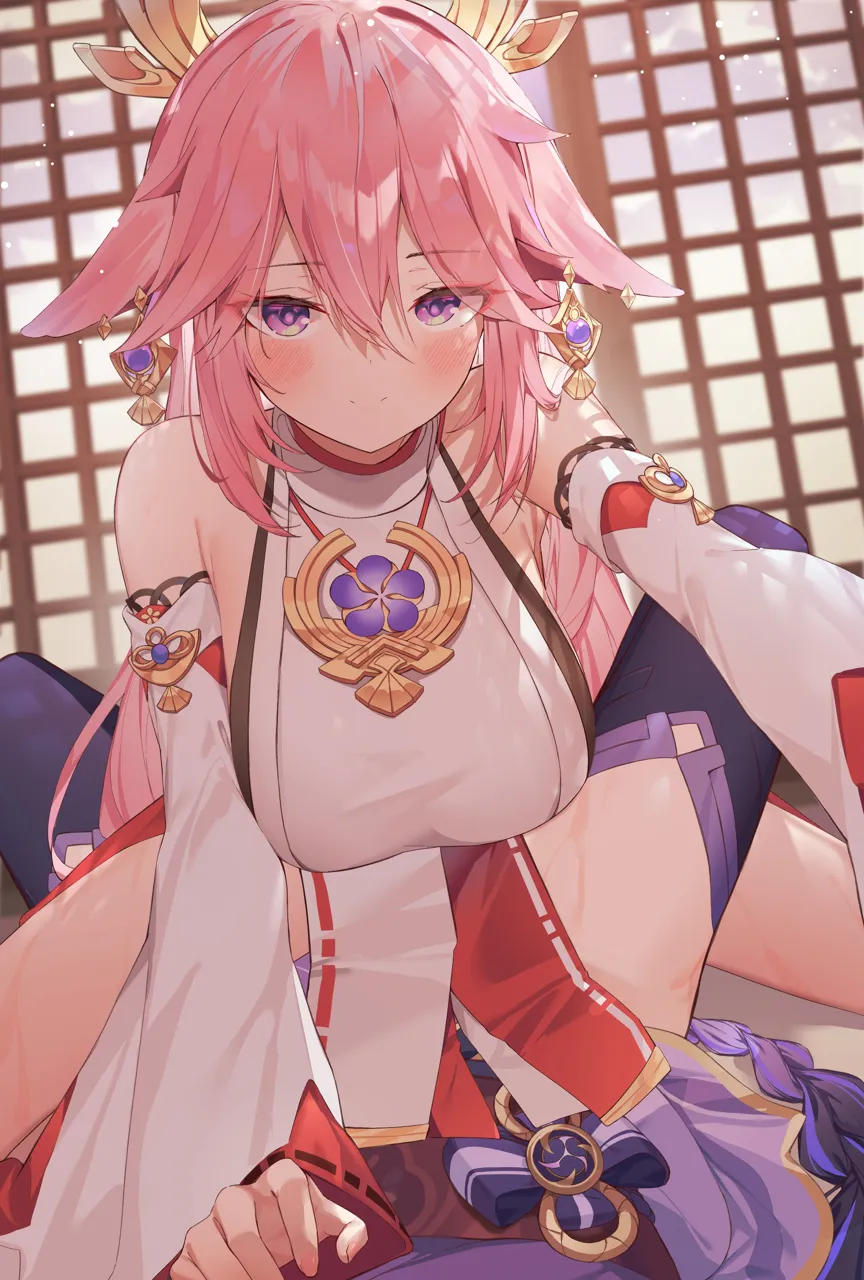 2girls animal_ears armpits bare_shoulders black_thighhighs breasts detached_sleeves earrings female_pov fox_ears genshin_impact girl_on_top hair_ornament japanese_clothes jewelry large_breasts long_hair long_sleeves looking_at_viewer multiple_girls munseonghwa necklace obi pelvic_curtain pink_hair pov purple_eyes raiden_shogun sash smile solo_focus thighhighs thighs wide_sleeves yae_miko yuri