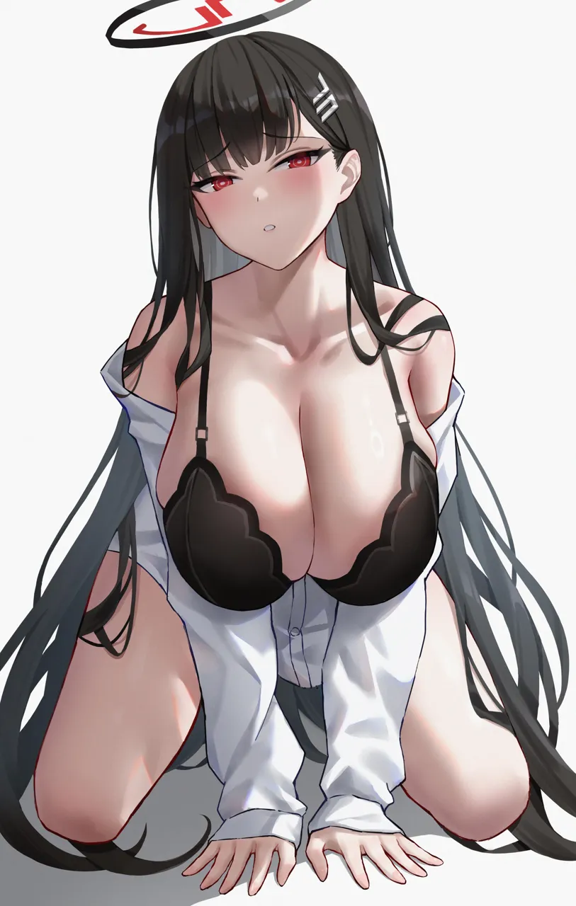 1girl all_fours bare_shoulders black_bra black_hair blue_archive blush bra breasts cleavage collarbone full_body grey_background hair_ornament halo large_breasts long_hair long_sleeves looking_at_viewer off_shoulder parted_lips red_eyes rio__blue_archive shirt simple_background thighs underwear very_long_hair white_shirt yukiaka