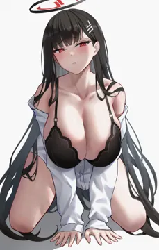 1girl all_fours bare_shoulders black_bra black_hair blue_archive blush bra breasts cleavage collarbone full_body grey_background hair_ornament halo large_breasts long_hair long_sleeves looking_at_viewer off_shoulder parted_lips red_eyes rio__blue_archive shirt simple_background thighs underwear very_long_hair white_shirt yukiaka