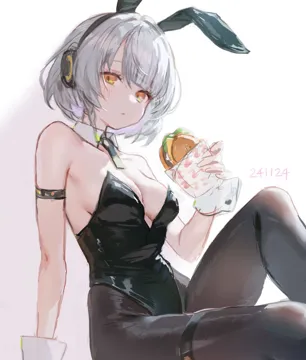 1girl alternate_costume animal_ears bare_shoulders black_leotard black_pantyhose breasts burger cleavage dated detached_collar expressionless fake_animal_ears food grey_hair headphones holding holding_burger holding_food knee_up leotard looking_at_viewer orange_eyes pantyhose playboy_bunny rabbit_ears short_hair sidelighting solo strapless strapless_leotard white_wrist_cuffs wrist_cuffs adelie_cat zenless_zone_zero anby_demara__zenless_zone_zero