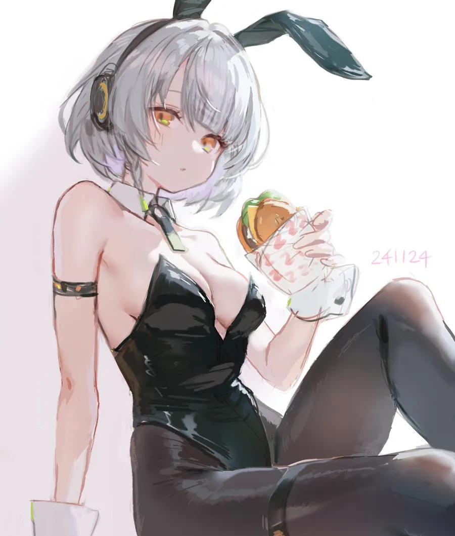 1girl alternate_costume animal_ears bare_shoulders black_leotard black_pantyhose breasts burger cleavage dated detached_collar expressionless fake_animal_ears food grey_hair headphones holding holding_burger holding_food knee_up leotard looking_at_viewer orange_eyes pantyhose playboy_bunny rabbit_ears short_hair sidelighting solo strapless strapless_leotard white_wrist_cuffs wrist_cuffs adelie_cat zenless_zone_zero anby_demara__zenless_zone_zero